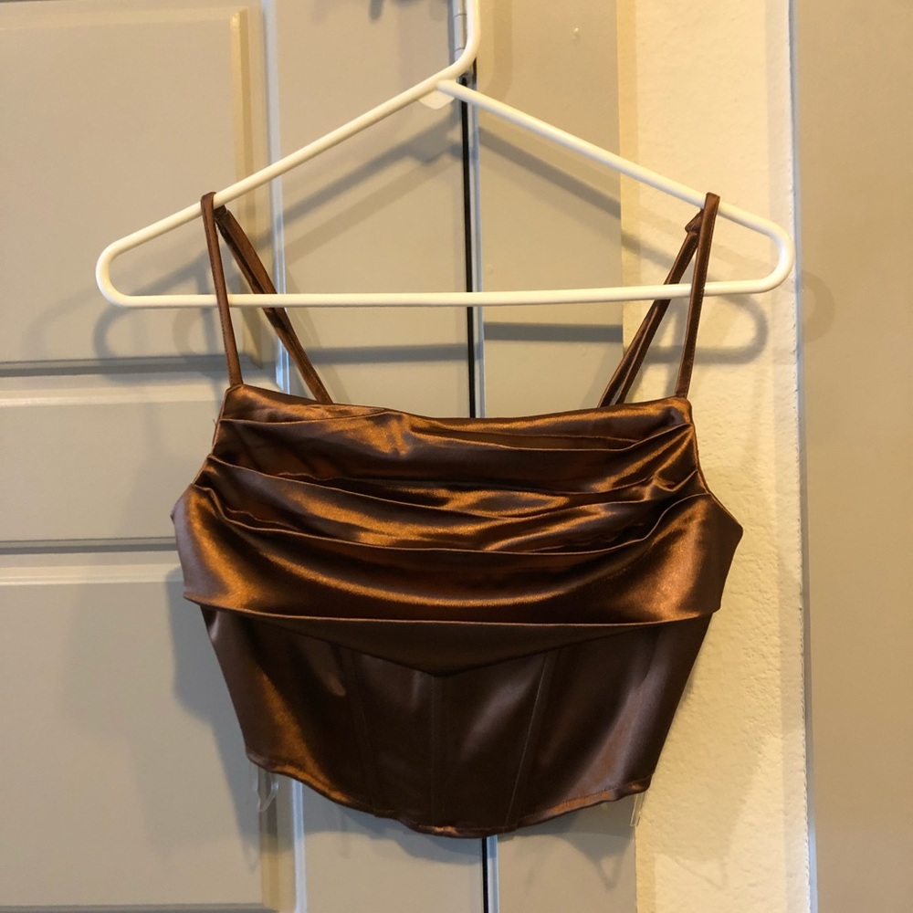 Triple 7 Brown Shirred Satin Crop Cami Top